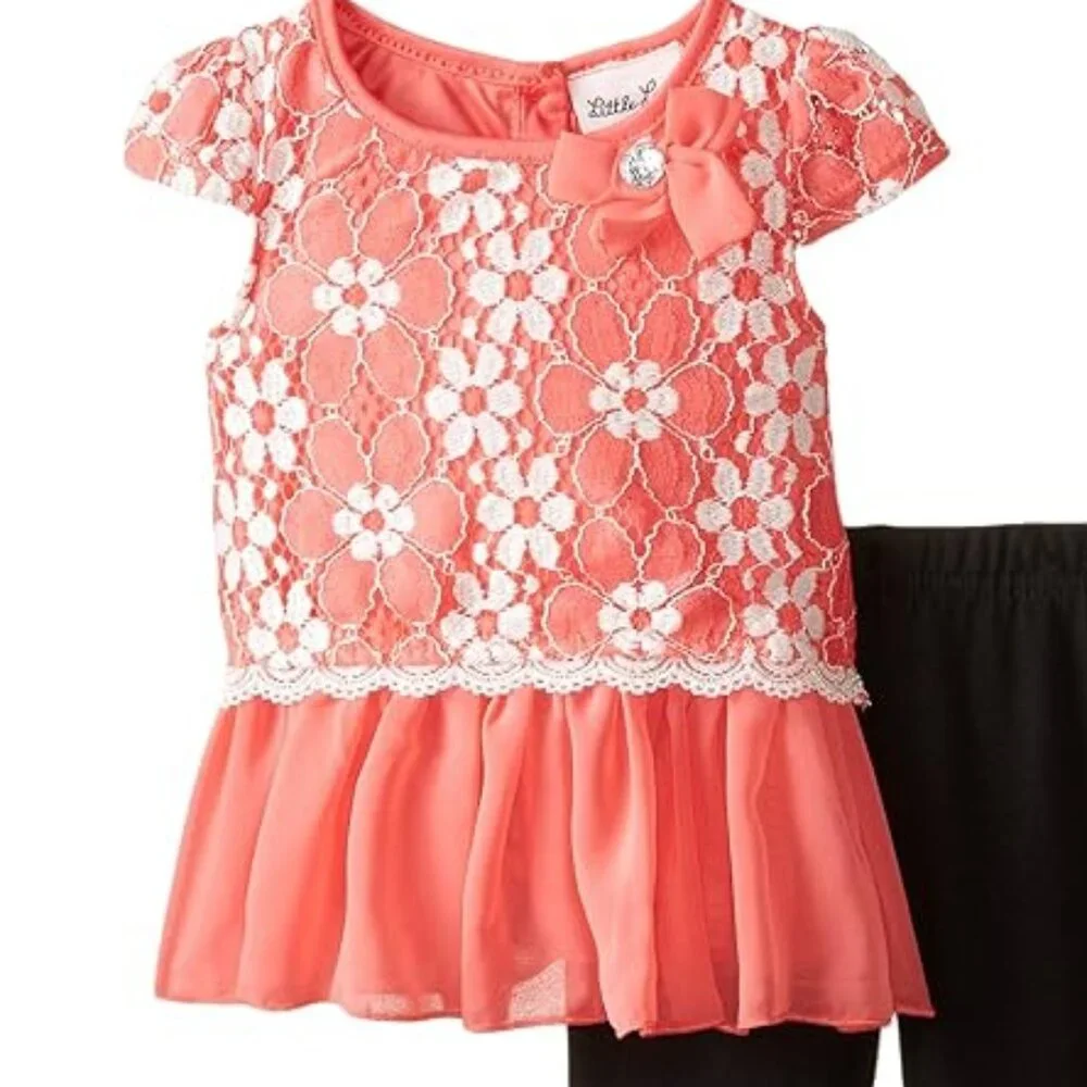 NEW Little Lass 2 Piece Set Outfit Textured Coral Lace Ruffled Top Leggings Pant - Picture 3 of 4